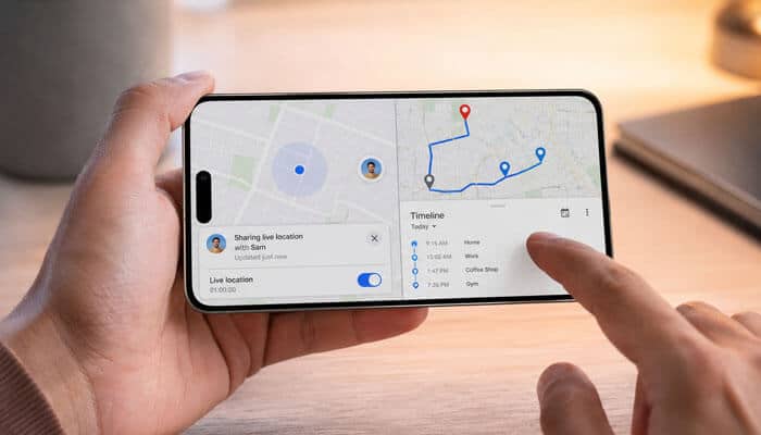 Location sharing is different from timeline - tycoonstory | tycoonstory media How to stop sharing location without them knowing by understanding the difference between live location sharing and timeline history, displayed on a smartphone map interface with privacy controls.