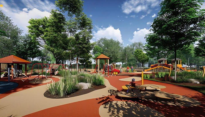 Parks and recreational facilities - tycoonstory | tycoonstory media A modern community playground with green spaces, play equipment, and walking paths illustrating neighborhood family-friendly? Features such as safe recreation areas, outdoor activities, and family-focused community planning.