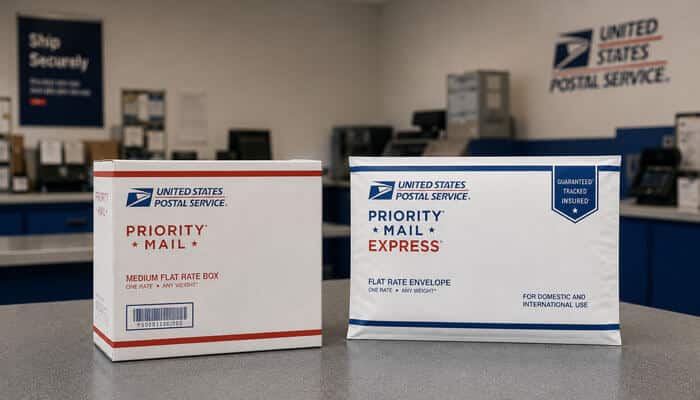 Priority mail is not priority mail express - tycoonstory | tycoonstory media Usps ground advantage vs priority mail comparison showing usps priority mail and priority mail express shipping boxes to explain differences in delivery speed and shipping services.