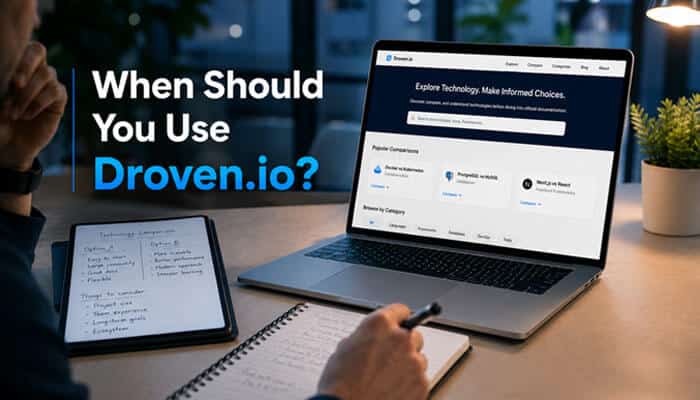 How to evaluate information published on droven. Io - tycoonstory | tycoonstory media What is droven. Io shown on a laptop as a user researches technology comparisons, takes notes, and evaluates digital tools for informed decisions.
