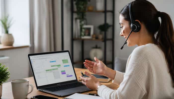 Remote appointment setter - tycoonstory 2 | tycoonstory media Work from home jobs no experience immediate start remote appointment setting role showing a professional working online with a headset and laptop.
