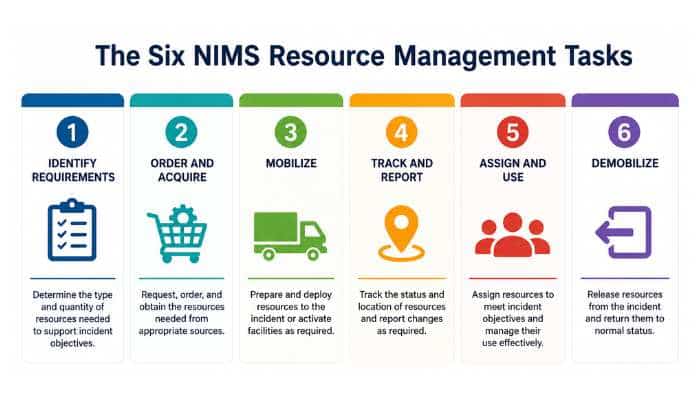 Resource management | tycoonstory media Infographic answering “which resource management task deploys or activates personnel and resources? ” by highlighting mobilize as the third nims task.