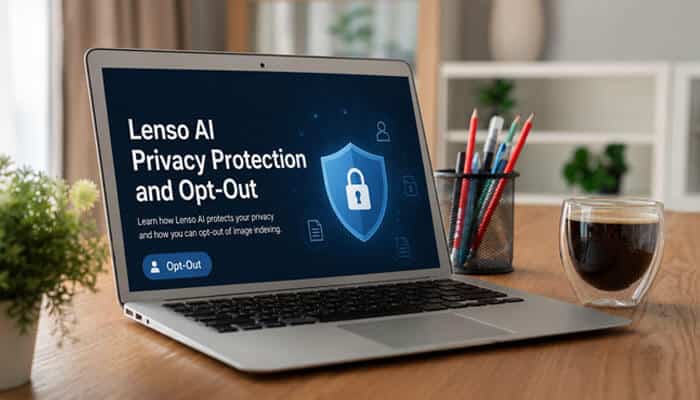 Lenso ai privacy protection and opt-out - tycoonstory | tycoonstory media Lenso ai privacy protection interface displayed on a laptop, highlighting ai-powered reverse image search, image indexing controls, opt-out options, secure visual search, and user privacy management features.