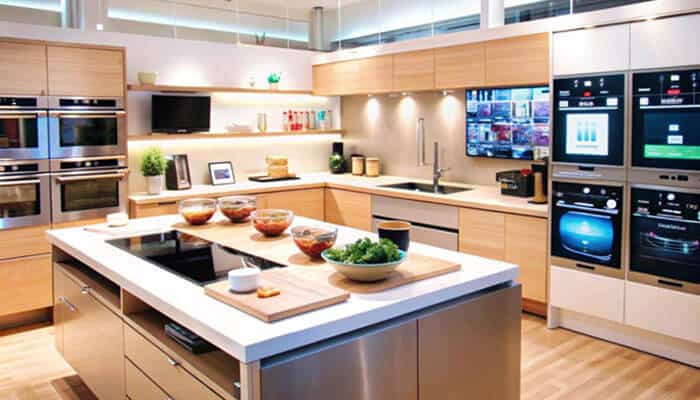 Professional-grade kitchens and cinema layouts - tycoonstory | tycoonstory media Modern kitchen showroom with a central island, wooden cabinets, and built-in wall ovens on either side.