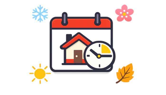 Seasonal influences on home sales | tycoonstory media Calendar illustration showing a house with a clock, surrounded by seasonal icons (sun, snowflake, leaf, flower) indicating time and seasonal planning