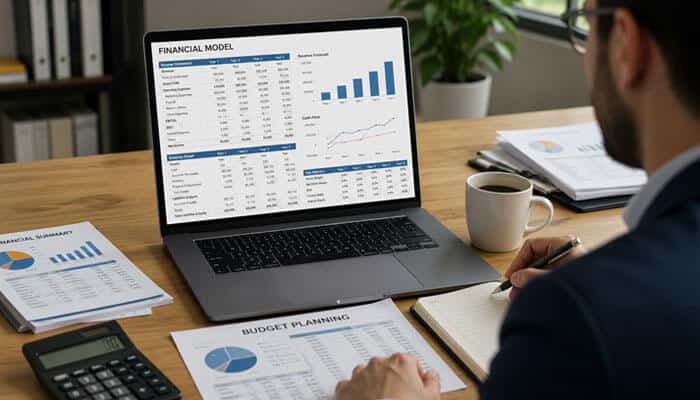 Startup booted financial modeling and budgeting - tycoonstory | tycoonstory media Startup booted financial modeling and budgeting workspace featuring business forecasts, revenue charts, expense planning, and startup financial analysis.