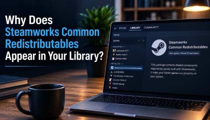 Steamworks common redistributables 1 | tycoonstory media Banner explaining why steamworks common redistributables appear in your library; laptop screen shows steam client and the article title on the left.