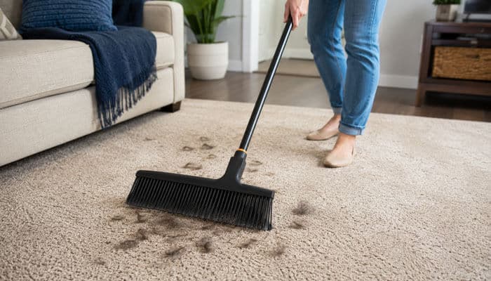 Sweep the carpet with a rubber broom - tycoonstory | tycoonstory media How to remove pet hair from carpet with a rubber broom, gathering embedded pet fur into clumps on a living room carpet before vacuuming for a thorough clean.