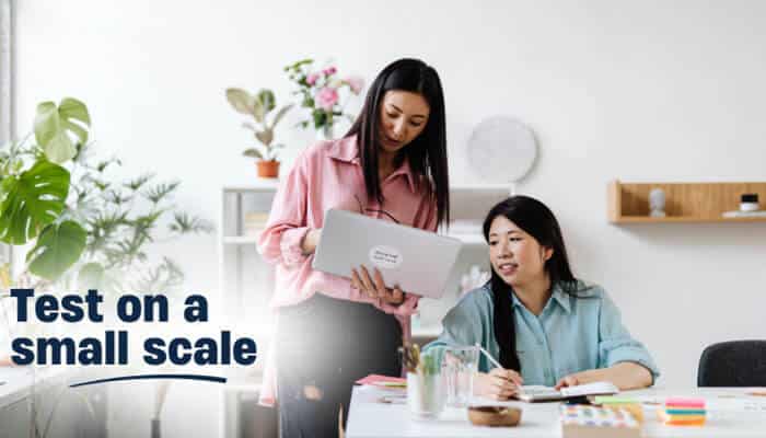 Test on a small scale - tycoonstory | tycoonstory media Business guide dismoneyfied illustrating small-scale testing, startup experimentation, practical business trials, and strategic validation for entrepreneurs
