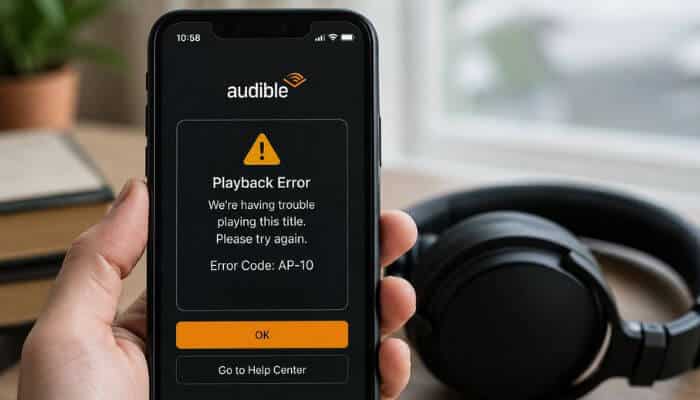 Understanding audible playback error codes 1 | tycoonstory media Audible issue with playback showing ap-10 playback error code on the audible app with smartphone and headphones