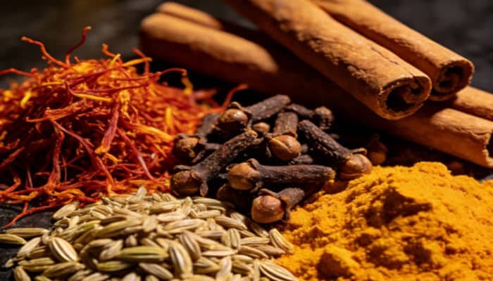 Equipment selection - from cleaning to packaging | tycoonstory media A colorful assortment of spices: saffron threads, cinnamon sticks, cloves, turmeric powder, and fennel seeds laid together.