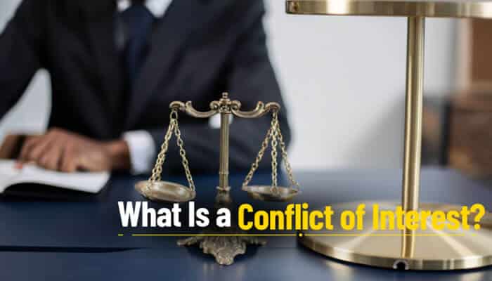 What is a conflict of interest - tycoonstory | tycoonstory media Which of the following is true about the management of conflicts of interest illustrated by a balance scale in a professional office, symbolizing ethical governance, impartial decision-making, disclosure obligations, conflict-of-interest management plans, independent oversight, compliance policies, transparency, accountability, and organizational integrity.