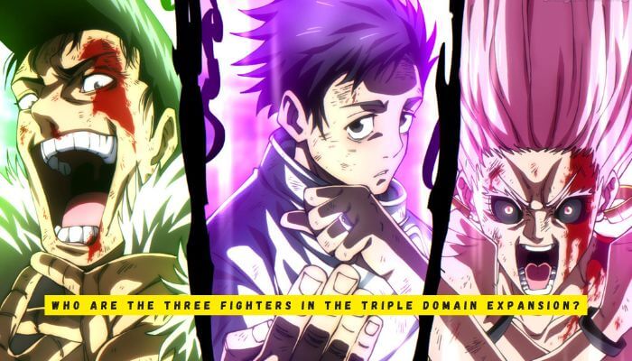 Who are the three fighters in the triple domain expansion | tycoonstory media Triple domain expansion scene showing three fighters preparing for a powerful jujutsu kaisen domain clash