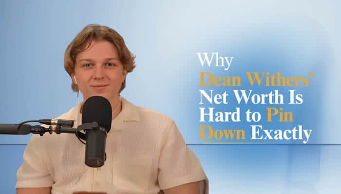 Why dean withers net worth is hard to pin down exactly - tycoonstory | tycoonstory media Dean withers net worth analysis image showing the viral political commentator speaking into a microphone with a headline explaining why his estimated wealth is difficult to determine due to private earnings, variable creator income, and digital media revenue sources.