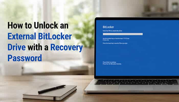 How to unlock an external bitlocker drive with a recovery password - tycoonstory | tycoonstory media Laptop on a wooden desk showing the bitlocker recovery screen; overlay text about unlocking an external bitlocker drive with a recovery password.