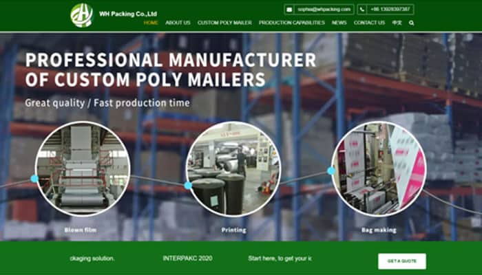 Wh packing - tycoonstory | tycoonstory media Hero banner: 'professional manufacturer of custom poly mailers' with three circular process images—blown film, printing, and bag making—set against a warehouse backdrop.