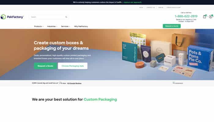 Pakfactory - tycoonstory | tycoonstory media Pakfactory hero banner showing colorful packaging boxes with the headline ‘create custom boxes & packaging of your dreams’ and two cta buttons (request a quote / design packaging).