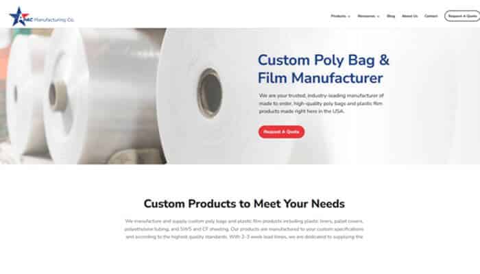 Polybags - tycoonstory | tycoonstory media Banner featuring large white film rolls and the headline 'custom poly bag & film manufacturer' with a red 'request a quote' button.