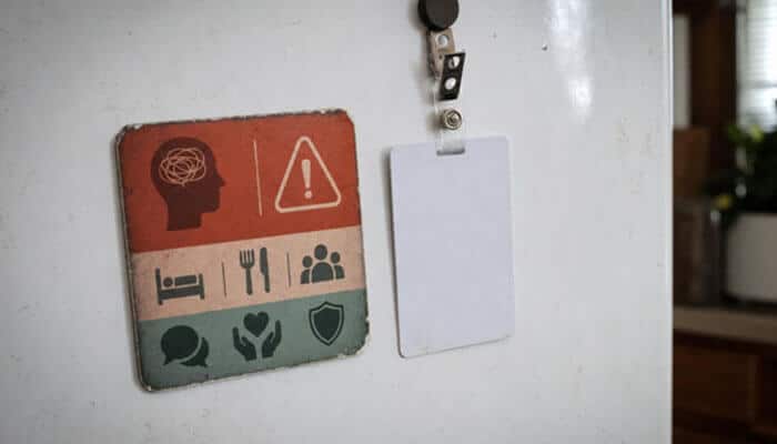 Spot the signals and act on safety - tycoonstory | tycoonstory media Mental health and family-support reminder displayed on a refrigerator, representing crisis planning during alcohol rehabilitation for young adults.