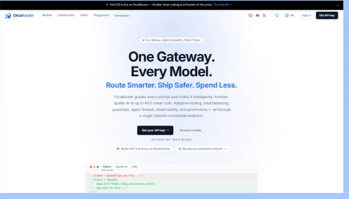 What a typical request looks like - tycoonstory | tycoonstory media Hero section of a product page with the headline 'one gateway. Every model. ' and subheading 'route smarter. Ship safer. Spend less. ', a prominent cta button, and a code snippet preview at the bottom.