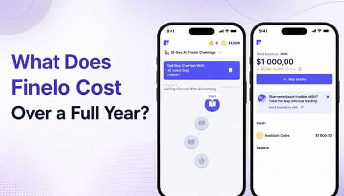 What does finelo cost over a full year? - tycoonstory | tycoonstory media Finelo reviews explaining yearly pricing with mobile app screens showing trading lessons, ai investing features, account balance, and platform costs.