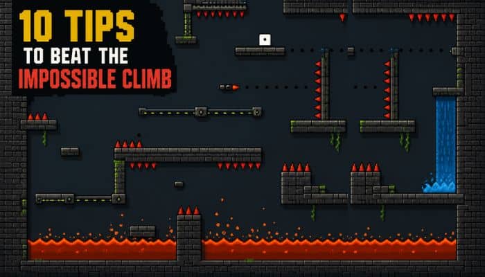 10 tips to beat the impossible climb 1 | tycoonstory media Big tower tiny square unblocked gameplay with platforms, spikes, lava, moving hazards, and tips for beating the impossible climb.