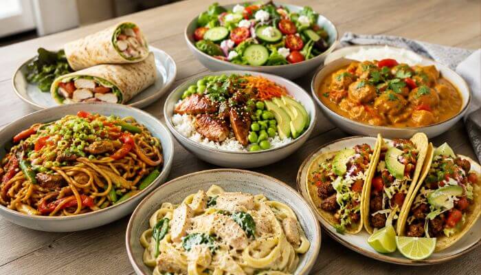 7 quick recipe jalbiteworldfood dishes better than takeout 2 | tycoonstory media Quick recipe jalbiteworldfood spread featuring wraps, salad, rice bowl, curry, noodles, creamy pasta and tacos on a dining table.