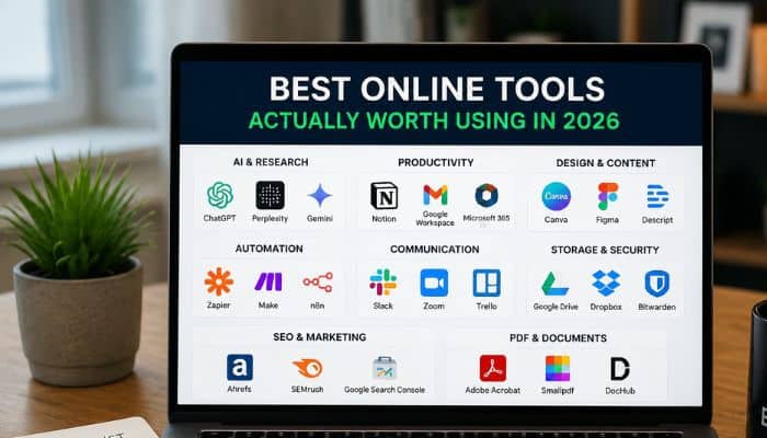 Best online tools actually worth using in 2026 | tycoonstory media Zardgadjets best online tool guide by feedbuzzard featuring top online tools for ai, productivity, design, automation, seo, security, and pdf tasks