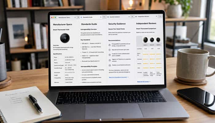 Better sources to use alongside tech thehometrotters | tycoonstory media Tech thehometrotters. Com research image showing a laptop comparing manufacturer specifications, smart-home standards, security guidance, and independent reviews.
