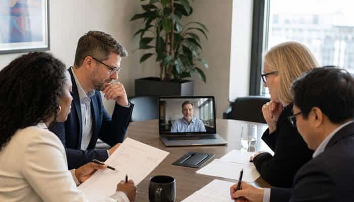 Build a remote assessment framework - tycoonstory | tycoonstory media Team in a conference room reviewing documents while a man joins remotely on a laptop for a hybrid meeting.