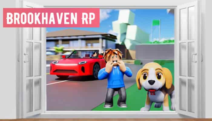 Brookhaven rp - tycoonstory | tycoonstory media Brookhaven rp roblox scene featuring two avatars, a pet dog, and a red sports car for fun roblox games to play with friends.