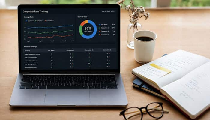 Competitor rank tracking & share of voice (2026) - tycoonstory | tycoonstory media Check rankings for multiple keywords with a competitor rank-tracking dashboard showing keyword positions, ranking trends, and share of voice analysis.