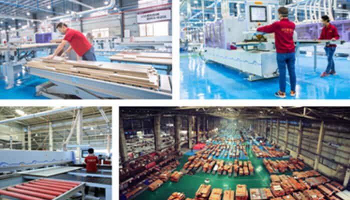 Criteria for selecting a turnkey furniture supplier - tycoonstory | tycoonstory media Collage of a manufacturing plant: workers cutting wood on a production line, operating machines, and a large warehouse with stacked pallets and packages beneath bright lighting.