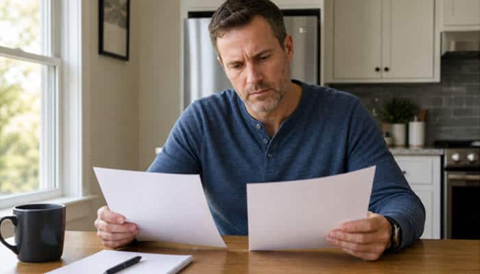 How a cash offer works - tycoonstory | tycoonstory media Man in a blue shirt sits at a kitchen table reading two documents, focused on the papers, with a mug nearby