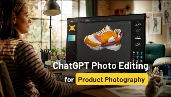 Chatgpt photo editing prompts - tyconstory | tycoonstory media Chatgpt photo editing prompts for product photography showing a designer editing a sneaker image on a computer screen.