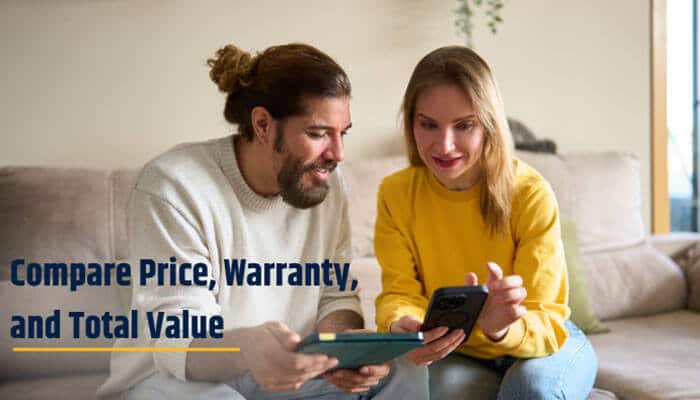 Compare price warranty and total value - tycoonstory | tycoonstory media Thelaptopadviser expert reviews image showing shoppers comparing price, warranty, and total value on mobile devices before making an informed laptop purchase.