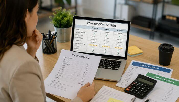 Compare vendors before negotiating with them 1 | tycoonstory media #thriftyevents. Net event planner comparing vendor proposals, prices and services before negotiating
