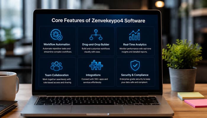 Core features of zenvekeypo4 software - tycoonstory | tycoonstory media Zenvekeypo4 software core features displayed on a laptop, including workflow automation, analytics, integrations, collaboration, and security.