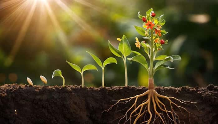 Botanical characteristics of the root system - tycoonstory | tycoonstory media Mimosa hostilis root bark plant growth illustration showing seedlings, mature foliage, flowers, and an exposed root system in soil.