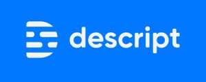 Descript | tycoonstory media Descript logo: white wordmark on blue background with an abstract left icon.