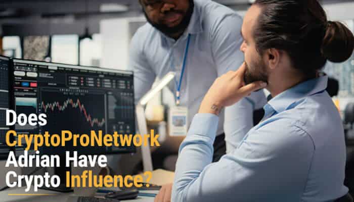 Does cryptopronetwork adrian have crypto influence - tycoonstory | tycoonstory media Cryptopronetwork adrian crypto influence concept showing two market analysts reviewing cryptocurrency price charts and discussing trading trends, signals, and market activity.