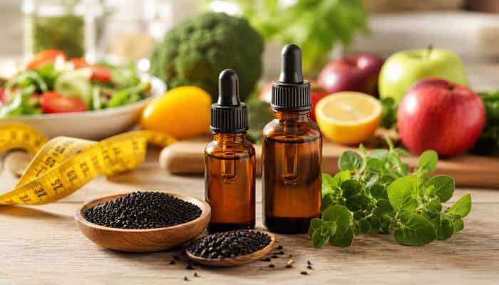 Does oil of oregano with black seed oil help with weight loss - tycoonstory | tycoonstory media Oil of oregano with black seed oil in amber dropper bottles placed with black seeds, oregano leaves, fruits, vegetables, and a measuring tape.