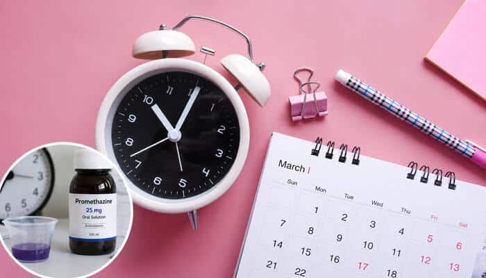 Does promethazine stay longer after repeated doses - tycoonstory | tycoonstory media How long does promethazine stay in your system after repeated doses, illustrated with a promethazine bottle, clock, and calendar representing half-life and gradual drug clearance.