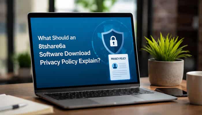 What should an 8tshare6a software download privacy policy explain? - startup editor | tycoonstory media 8tshare6a software download privacy policy displayed on a laptop, highlighting data collection, file storage, access controls, encryption, and user privacy.