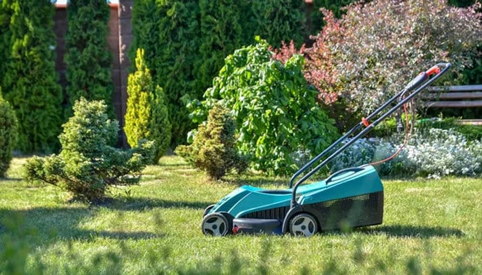 Quiet and low-disruption performance - tycoonstory | tycoonstory media Electric lawn mower on a green lawn with shrubs and trees in a garden setting
