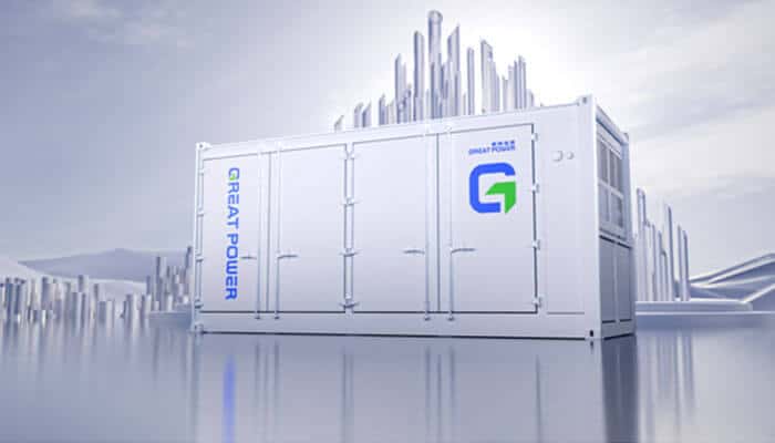Great power | tycoonstory media Containerized white power generator with a blue 'g' logo and 'great power' lettering, set on a reflective surface with a pale skyline background.