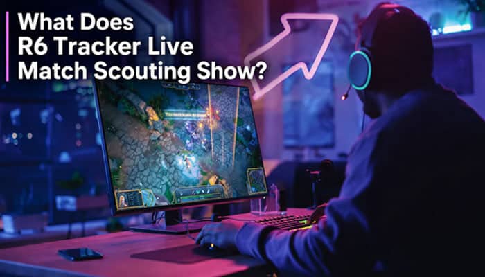 What does r6 tracker live match scouting show? - startup editor | tycoonstory media R6 tracker live match scouting illustration showing a pc gamer reviewing rainbow six siege gameplay and opponent performance during a live match.