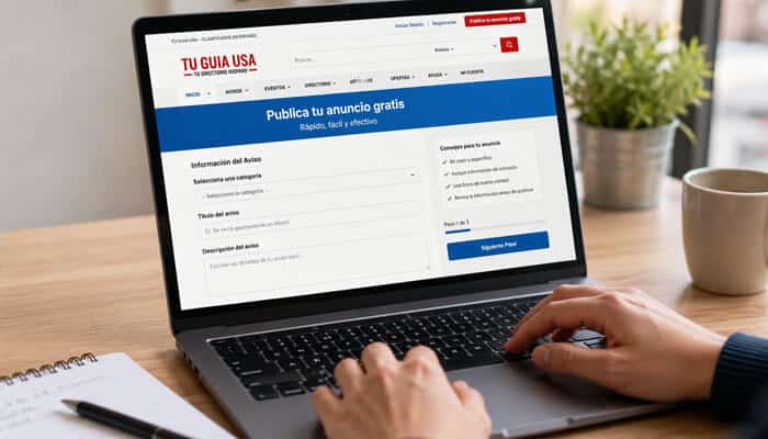 How do you post an advertisement on tu guia usa - tycoonstory | tycoonstory media Tu guia usa advertisement posting page displayed on a laptop, showing how users can create a classified ad by selecting a category and adding listing details.