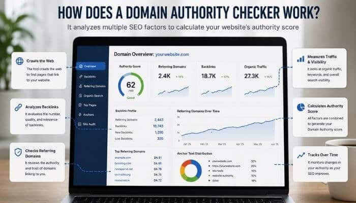How does a domain authority checker work 1 | tycoonstory media Domain authority checker showing how backlinks, referring domains, organic traffic, and authority score are analyzed