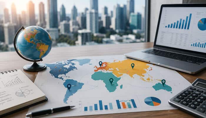How geography affects startup valuation - tycoonstory | tycoonstory media Startup valuation by geography illustrated with a world map, location markers, financial charts, laptop analytics, and global market data for comparing startup values across regions.